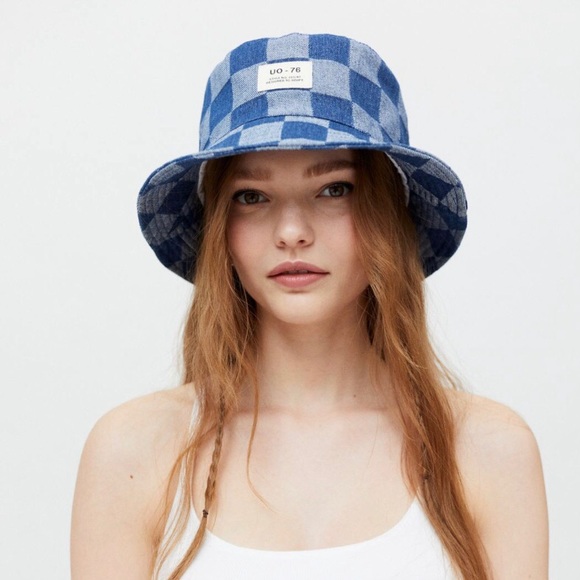 Urban Outfitters Checkered Bucket Hat Cotton Canvas 25th UO-76 Label Blue NEW - Picture 2 of 5